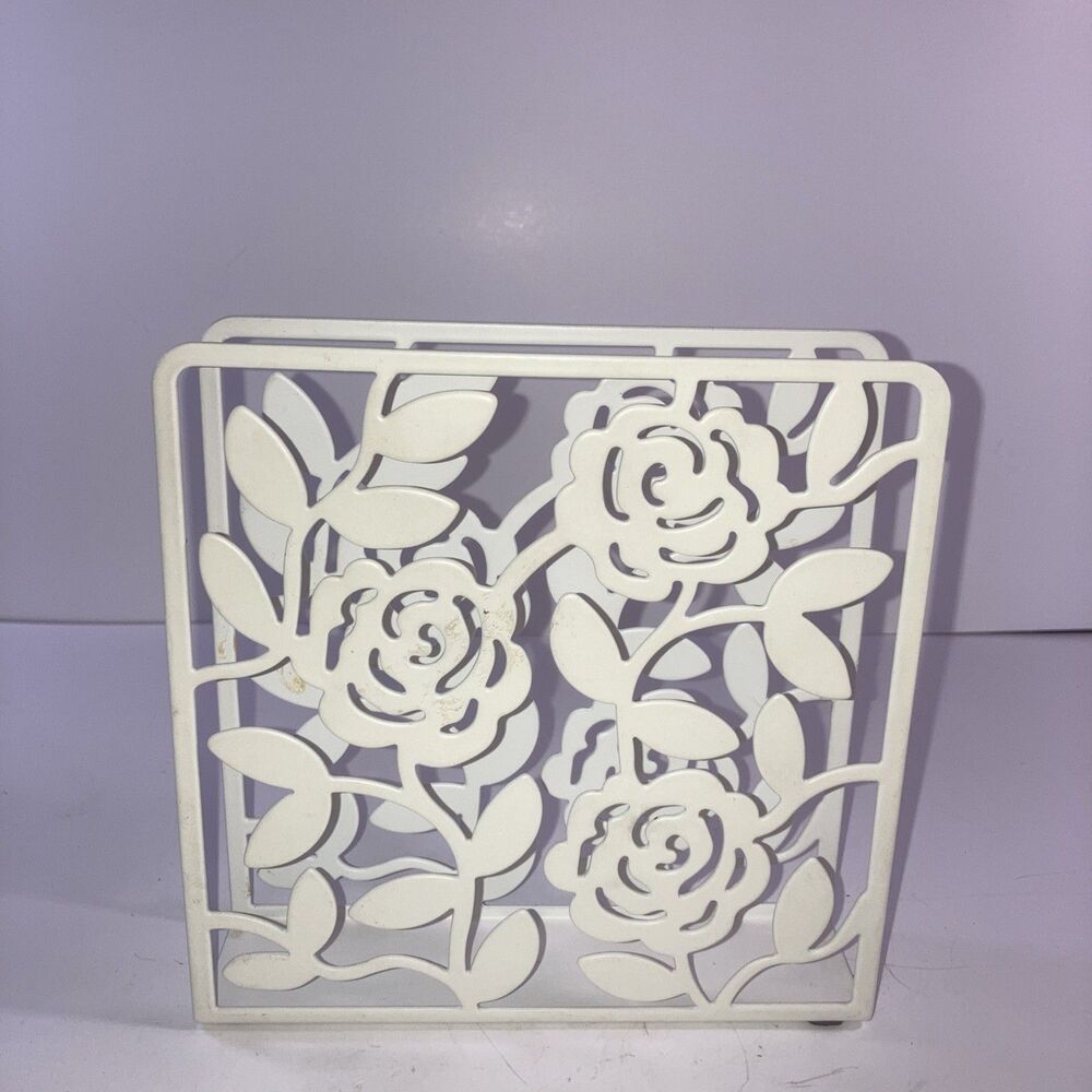 White Metal Rose Floral Napkin Holder Cottage Farmhouse Shabby Chic Decor